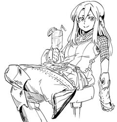  bad_id bb_(baalbuddy) belt boots braid closed_mouth cup drinking_glass female food french_braid fruit gauntlets greyscale highres inactive_account leg_up lemon lemon_slice long_hair long_sleeves looking_at_viewer monochrome raquna_sheldon sekaiju_no_meikyuu shin_sekaiju_no_meikyuu simple_background sitting smile solo stool white_background 