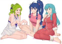  3girls alternate_costume aqua_eyes aqua_hair bare_shoulders barefoot blue_eyes blue_hair breasts butterfly_sitting collarbone dress ebinku eirika_(fire_emblem) feet fire_emblem fire_emblem:_the_sacred_stones green_eyes green_hair grin high_ponytail highres l&#039;arachel_(fire_emblem) large_breasts long_hair long_sleeves midriff multiple_girls nightgown open_mouth pajamas pink_shirt ponytail shirt short_sleeves shorts simple_background sitting sleepwear sleeveless sleeveless_dress smile sweatdrop tana_(fire_emblem) toes white_background yokozuwari 