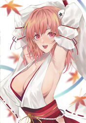  absurdres armpits arms_behind_head azur_lane breasts center_opening covered_nipples dead_or_alive detached_sleeves female halterneck highres honoka_(doa) karen_ngao large_breasts leaf open_mouth pink_eyes pink_hair red_sash sash sideboob simple_background solo white_background wide_sleeves 