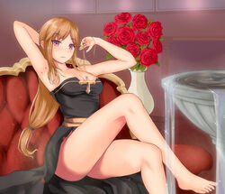  arch_bishop_(ragnarok_online) arm_behind_back arms_up bare_arms bare_legs bare_shoulders barefoot black_dress blonde_hair blush breasts cleavage closed_mouth collarbone couch crossed_legs dress eyelashes eyes_visible_through_hair feet female flower foot_out_of_frame fountain frown gold_trim hand_in_own_hair leaf legs long_hair looking_at_viewer low-tied_long_hair margaretha_sorin medium_breasts on_couch parted_bangs pink_eyes ragnarok_online red_flower red_rose rose sail_(sail-away) side_slit sitting solo sparkle strapless strapless_dress thighs toenails toes vase water 