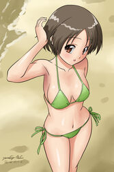  arm_behind_back artist_name beach bikini breasts brown_eyes brown_hair commentary dated day female girls_und_panzer green_bikini halterneck hand_in_own_hair head_tilt looking_at_viewer maruyama_saki matsui_yasutsugu medium_breasts navel open_mouth outdoors short_hair side-tie_bikini_bottom signature solo standing string_bikini swimsuit 