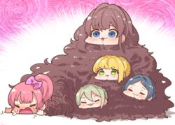  3: 5girls :3 :d absurdly_long_hair big_hair blonde_hair blue_eyes blue_hair blush bow brown_hair chibi closed_mouth crying d: earrings green_eyes grey_hair hairbow hayami_kanade ichinose_shiki idolmaster idolmaster_cinderella_girls jewelry jougasaki_mika lipps_(idolmaster) long_hair miyamoto_frederica multiple_girls open_mouth parody pink_hair purple_bow shiomi_syuko smile stud_earrings takato_kurosuke tears very_long_hair 