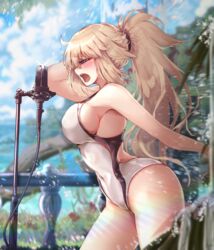  bare_shoulders blonde_hair blue_eyes breasts cleavage collarbone fate/grand_order fate_(series) female high_ponytail highleg highleg_swimsuit highres jeanne_d&#039;arc_(fate) jeanne_d&#039;arc_(swimsuit_archer)_(fate) jeanne_d&#039;arc_(swimsuit_archer)_(second_ascension)_(fate) large_breasts long_hair microphone microphone_stand one-piece_swimsuit outdoors ru_251 sideboob swimsuit thighs very_long_hair 