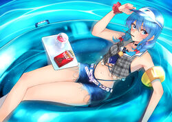  adapted_costume belt bikini blue_eyes blue_hair blue_nails blush braid breasts choker commentary cropped_vest crossed_legs denim denim_shorts dessert earrings feet_out_of_frame female food food_in_mouth fruit hair_between_eyes hand_on_headwear highres hololive hoshimachi_suisei hoshimachi_suisei_(1st_costume) inflatable_raft jewelry legs looking_at_viewer lying medium_hair mouth_hold nail_polish navel on_back plaid plaid_vest pocky saco_(cgmore) scrunchie shorts small_breasts solo star_(symbol) star_earrings star_in_eye swimsuit symbol-only_commentary symbol_in_eye tray twin_braids vest virtual_youtuber visor_cap water wrist_scrunchie 