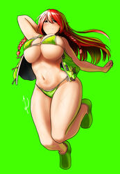  arm_up bikini blue_eyes blush braid breasts closed_mouth eyes_visible_through_hair female floating_breasts floating_hair full_body green_background green_footwear green_vest hair_between_eyes highres hong_meiling koyubi_(littlefinger1988) large_breasts long_hair looking_at_viewer open_clothes open_vest red_hair scar side_braids simple_background smile solo star_(symbol) swimsuit thighs touhou twin_braids underboob very_long_hair vest 