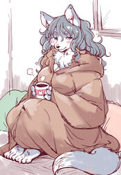  2020 anthro beverage blush breasts canid canine canis clothed clothing coffee container cup female female_anthro fur grey_body grey_fur grey_hair hair half-closed_eyes holding_container holding_cup holding_object kemono mammal narrowed_eyes plantigrade robe setouchi_kurage sitting solo steam white_body white_fur wolf 