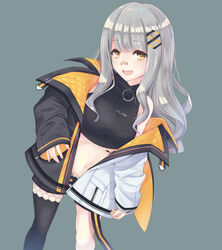  bandaid bandaid_on_face bandaid_on_nose bare_shoulders black_coat black_shirt black_shorts black_thighhighs blunt_bangs breasts coat commentary crop_top female grey_hair hachi_(live_union) hair_ornament infinity_symbol lipgloss live_union long_hair looking_at_viewer md5_mismatch medium_breasts midriff mole mole_under_eye multicolored_clothes multicolored_coat nail_polish navel oerba_yun_fang off_shoulder open_clothes open_coat open_mouth resolution_mismatch shirt short_shorts shorts simple_background sleeveless sleeves_past_wrists smile solo standing suu2510 thighhighs two-sided_fabric virtual_youtuber white_coat yellow_eyes 