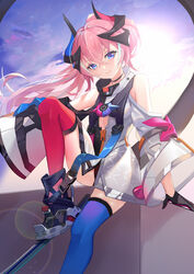  absurdres asymmetrical_legwear bare_shoulders black_gloves blue_eyes blue_thighhighs breasts closed_eyes female gloves hair_between_eyes highres honkai_(series) honkai_impact_3rd horns leg_up looking_at_viewer mismatched_legwear multicolored_hair pink_hair pink_legwear ponytail rozaliya_olenyeva rozaliya_olenyeva_(fervent_tempo) see-through see-through_sleeves small_breasts smile solo streaked_hair thick_eyebrows thighhighs zettai_ryouiki zhongwu_chahui 