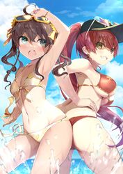  2girls ahoge aqua_eyes arm_up armpits ass ass-to-ass bare_shoulders baseball_cap bikini black_headwear blue_sky blush bracelet breasts brown_hair cleavage clenched_teeth cloud collarbone day earrings eyewear_on_head eyewear_on_headwear front-tie_bikini_top front-tie_top glasses hair_between_eyes hair_ribbon halterneck hand_on_own_hip hat heart heart-shaped_eyewear heart_earrings heterochromia high_ponytail highres hololive houshou_marine houshou_marine_(summer) jewelry large_breasts lemon_print long_hair looking_at_viewer multiple_girls natsuiro_matsuri natsuiro_matsuri_(summer_2020) navel one-piece_tan open_mouth orange_ribbon outdoors ponytail red_bikini red_eyes red_hair ribbon short_hair sideboob sky small_breasts standing string_bikini sunglasses swimsuit tan tanlines teeth upper_teeth_only virtual_youtuber wankosukii water wide_ponytail yellow-framed_eyewear yellow_eyes 