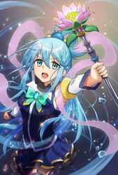  absurdres aqua_(konosuba) arm_up armpits blue_hair blue_jacket blue_skirt bow bowtie cowboy_shot detached_sleeves female floating_hair green_bow green_bowtie highres holding holding_staff jacket kono_subarashii_sekai_ni_shukufuku_wo! layered_skirt long_hair long_sleeves miniskirt open_mouth see-through single_hair_ring skirt sleeveless sleeveless_jacket solo staff standing stock-world very_long_hair white_sleeves 