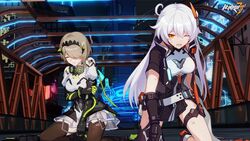  2girls :o antenna_hair asymmetrical_gloves asymmetrical_legwear barcode barcode_tattoo black_gloves black_jacket black_legwear brown_hair city city_lights full_body gloves hair_between_eyes hair_ornament hair_over_one_eye highres honkai_(series) honkai_impact_3rd jacket kiana_kaslana kiana_kaslana_(void_drifter) long_hair long_sleeves looking_at_another mask multiple_girls night night_sky official_art one_eye_closed open_mouth outdoors respirator rita_rossweisse rita_rossweisse_(phantom_iron) second-party_source seiza short_hair short_sleeves sitting sky tattoo uneven_gloves uneven_legwear white_hair yellow_eyes 