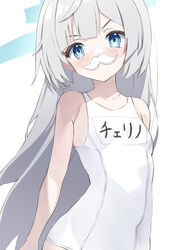  absurdres blue_archive blue_eyes breasts character_name cherino_(blue_archive) cherino_(hot_spring)_(blue_archive) fake_facial_hair fake_mustache female halo highres mimichoco official_alternate_costume old_school_swimsuit one-piece_swimsuit school_swimsuit simple_background small_breasts solo swimsuit white_background white_hair white_one-piece_swimsuit 