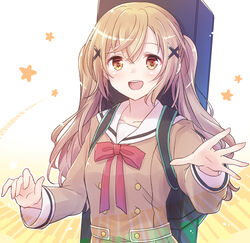  :d absurdres bang_dream! blonde_hair blush breasts brown_serafuku buttons collarbone commentary crossed_bangs double-breasted eyebrows_hidden_by_hair female guitar_case hair_between_eyes hair_ornament hanasakigawa_school_uniform highres ichigaya_arisa instrument instrument_case instrument_on_back keyboard_(instrument) large_breasts long_hair long_sleeves looking_at_viewer nyaa_(nnekoron) open_hand open_mouth red_ribbon ribbon sailor_collar school_uniform serafuku sidelocks smile solo star_(symbol) starry_background teeth twintails upper_body upper_teeth_only white_background white_sailor_collar x_hair_ornament yellow_eyes 