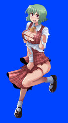  ascot black_footwear blue_background blush breasts cleavage closed_eyes collared_shirt commentary_request cookie_(touhou) female fuka_(kantoku) full_body green_hair highres kazami_yuuka large_breasts long_skirt long_sleeves macota_(cookie) open_mouth plaid plaid_skirt plaid_vest red_eyes red_skirt red_vest shirt shoes short_hair simple_background skirt skirt_set socks solo torn_clothes torn_skirt torn_sleeves touhou vest white_shirt white_socks yellow_ascot 