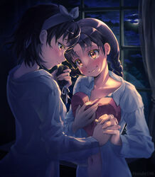  2girls blush braid brown_eyes brown_hair closed_mouth cloud cloudy_sky collarbone heart heart-shaped_pillow highres holding_hands indoors interlocked_fingers kissing_hair long_hair looking_at_another misaka_mikoto moon multiple_girls navel night night_sky pillow shirai_kuroko shirt short_hair sky smile tears toaru_kagaku_no_railgun toaru_majutsu_no_index twin_braids twintails white_shirt window yonabe yuri 