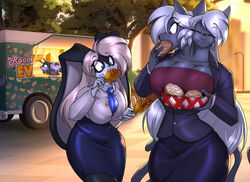  2_heads 3_breasts 5_fingers anthro armadillo big_breasts black_body black_bottomwear black_clothing black_fur black_skirt blonde_hair blue_bottomwear blue_clothing blue_eyes blue_necktie blue_skirt bottomwear breasts cleavage clothed clothing commercial_vehicle delivery_(commerce) delivery_vehicle dessert domestic_cat duo_focus eating felicia_(flafty) felid feline felis female fingers food food_truck fully_clothed fur green_clothing green_hat green_headwear grey_body grey_clothing grey_fur grey_hair grey_topwear group hair hat headgear headwear holding_food holding_object hybrid lagomorph leporid mammal medium_truck mexican_food multi-stop_van multi_breast multi_head multicolored_body multicolored_fur necktie office_clothing office_lady outside plant procyonid public rabbit raccoon racoonadillo red_clothing red_eyes red_topwear ruby_(flafty) shirt skirt standing topwear toughset tree trio truck_(vehicle) two_tone_body two_tone_fur van vehicle white_body white_clothing white_fur white_shirt white_topwear xenarthran 