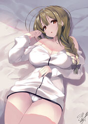  :o ahoge bad_id bad_pixiv_id bare_shoulders black_bow blush bow braid breasts brown_hair cleavage collarbone commentary_request cowboy_shot female hairbow hand_on_own_stomach head_tilt highres idolmaster idolmaster_shiny_colors kuwayama_chiyuki large_breasts long_hair long_sleeves no_pants noto_kurumi off_shoulder panties parted_lips red_eyes shirt signature single_braid solo thighs underwear white_panties white_shirt 