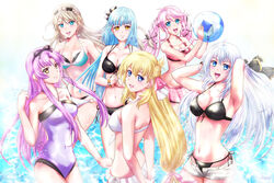  6+girls agnes_claudel ball beachball bikini bikini_skirt black_bikini blue_eyes blue_hair blunt_bangs bow bracelet braid breasts casual_one-piece_swimsuit crown_braid denim denim_shorts double-parted_bangs eiyuu_densetsu elaine_auclair green_eyes hair_between_eyes hairbow hime_cut holding holding_ball holding_beachball jewelry kuro_no_kiseki kuro_no_kiseki_ii large_breasts long_hair looking_at_viewer medium_breasts multiple_girls nadia_rayne one-piece_swimsuit open_mouth pink_bikini purple_one-piece_swimsuit renne_(eiyuu_densetsu) risette_twinings shizuna_rem_misurugi shorts sidelocks small_breasts smile swimsuit twintails water water_drop white_bikini white_hair xiacheng_tatsuya yellow_eyes 