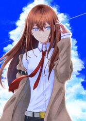  belt blue_eyes blue_sky brown_hair closed_mouth cloud collared_shirt day dress_shirt female floating_hair hair_between_eyes hand_in_own_hair highres kaijin-m long_hair long_sleeves looking_at_viewer makise_kurisu necktie outdoors red_necktie shirt sky smile solo standing steins;gate straight_hair white_belt white_shirt wing_collar 