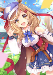  animal_ears belt belt_pouch blurry blurry_background breasts brown_eyes brown_hair clothing_cutout commentary female hair_ornament hairclip hat highres horse_ears horse_girl looking_at_viewer matikane_tannhauser_(umamusume) maya_(tirolpop) medium_breasts medium_hair open_mouth outdoors pouch shoulder_cutout sky solo umamusume waving 