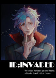  1boy blue_background blue_hair coat copyright_name english_text hair_between_eyes hand_up highres id_:invaded index_finger_raised jewelry male_focus parted_bangs ring signature solo upper_body wanzimiaomiao yellow_eyes 