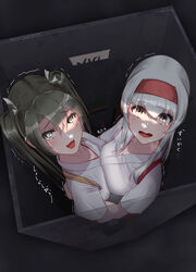  2girls @_@ asymmetrical_docking breast_press breasts brown_eyes dark_green_hair flat_chest green_hair hair_between_eyes hair_ribbon headband highres in_locker japanese_clothes kantai_collection locker long_hair looking_at_viewer looking_up medium_breasts multiple_girls red_headband ribbon shoukaku_(kancolle) shoukaku_kai_ni_(kancolle) sidelocks snosnow tasuki twintails wavy_mouth white_hair white_ribbon yuri zuikaku_(kancolle) zuikaku_kai_ni_(kancolle) 