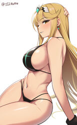  bare_shoulders bikini black_bikini blonde_hair blush breasts earrings female halterneck headpiece highres jewelry large_breasts long_hair looking_at_viewer mythra_(xenoblade) namu_(112namu) navel revision solo stomach string_bikini swept_bangs swimsuit thighs tiara twisted_torso very_long_hair wide_hips xenoblade_chronicles_(series) xenoblade_chronicles_2 yellow_eyes 