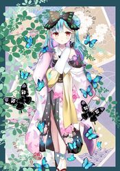  :o animal bare_shoulders black_bow black_butterfly black_footwear blue_butterfly blue_hair blush border bow bug butterfly chinese_commentary commentary_request feet_out_of_frame female gradient_hair hair_bun hairbow hand_up hololive japanese_clothes kimono long_hair long_sleeves looking_at_viewer lunacats multicolored_hair off_shoulder outside_border parted_lips pink_hair red_eyes sandals single_hair_bun single_side_bun sleeves_past_wrists socks solo standing tabi two-tone_hair uruha_rushia uruha_rushia_(new_year) virtual_youtuber white_kimono white_socks wide_sleeves zouri 