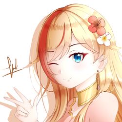  ;) blonde_hair blue_eyes breasts ear_piercing earrings female flower hair_flower hair_ornament highres jewelry long_hair looking_at_viewer maha5 multicolored_hair nia_redalion one_eye_closed piercing simple_background smile solo upper_body v varhan_zuhair virtual_youtuber 