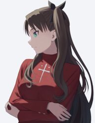  breasts brown_hair closed_mouth cross crossed_arms expressionless fate/stay_night fate_(series) female green_eyes highres latin_cross long_hair long_sleeves looking_to_the_side medium_breasts print_sweater profile red_sweater shimizu_tomoki simple_background solo sweater tohsaka_rin two_side_up upper_body very_long_hair white_background 