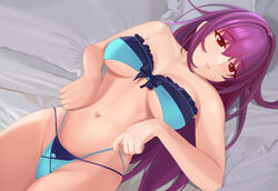  absurdres bare_shoulders bikini black_bikini breasts cleavage collarbone commentary_request fate/grand_order fate_(series) female green_bikini hair_between_eyes highres large_breasts long_hair looking_at_viewer lying navel on_back purple_hair quatthro red_eyes scathach_(fate) scathach_skadi_(fate) scathach_skadi_(swimsuit_ruler)_(fate) scathach_skadi_(swimsuit_ruler)_(final_ascension)_(fate) solo swimsuit thighs two-tone_bikini 