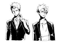  2boys arm_sling black_suit formal greyscale id_:invaded jacket looking_at_viewer male_focus momoki_funetaro monochrome multiple_boys narihisago_akihito necktie photoshop_(medium) spiked_hair suit upper_body wanzimiaomiao 