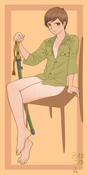  barefoot breasts brown_eyes brown_hair chair cleavage closed_mouth crossed_legs female full_body hair_between_eyes highres holding holding_sword holding_weapon imperial_japanese_army katana legs looking_at_viewer military military_uniform no_bra no_pants open_clothes original sheath sheathed short_hair sino_(mechanized_gallery) sitting sleeves_past_elbows smile solo sword tank_top toes uniform weapon world_war_ii 