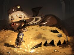  2girls aged_down animal arkenstone black_cat black_dress blush_stickers box changetofantasy coin commentary copyright_request core_(girls&#039;_frontline) cosplay cup dress english_commentary feline g11_(dragon_jr.)_(girls&#039;_frontline) g11_(girls&#039;_frontline) gem girls&#039;_frontline glowing gold gold_coin green_eyes grey_hair highres hk416_(black_kitty&#039;s_gift)_(girls&#039;_frontline) hk416_(girls&#039;_frontline) holding holding_animal holding_cat long_hair multiple_girls official_alternate_costume pile red_eyes sharp_teeth sleeping smaug smaug_(cosplay) teeth the_hobbit tolkien&#039;s_legendarium trophy very_long_hair waking_up 