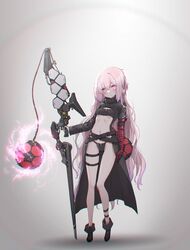  absurdres belt bikini black_bikini blush boots breasts female full_body highres holding holding_weapon long_hair looking_at_viewer navel oota_youjo original pink_eyes pink_hair small_breasts solo swimsuit weapon 