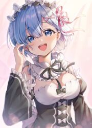  :d black_ribbon blue_eyes blue_hair blush bow breasts chyoling cleavage commentary detached_sleeves dress female flower_knot frilled_sleeves frills hair_ornament hair_over_one_eye hair_ribbon hand_up large_breasts long_sleeves looking_at_viewer maid maid_headdress medium_breasts open_mouth pink_ribbon re:zero_kara_hajimeru_isekai_seikatsu rem_(re:zero) ribbon roswaal_mansion_maid_uniform short_hair smile solo teeth upper_body wide_sleeves x_hair_ornament 