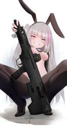  absurdres animal_ears assault_rifle black_footwear black_hairband black_pantyhose blue_eyes breasts commentary_request desert_tech_mdr fake_animal_ears female girls&#039;_frontline grey_hair gun hairband heterochromia highres long_hair looking_at_viewer mdr_(girls&#039;_frontline) meme_attire momo_(higanbana_and_girl) multicolored_hair one_side_up pantyhose pink_eyes pink_hair rabbit_ears reverse_bunnysuit reverse_outfit rifle shoes simple_background small_breasts smile solo squatting streaked_hair weapon white_background 