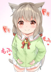  animal_ear_fluff animal_ears bell blush bow brown_eyes cat_ears cat_girl cat_tail closed_mouth collared_shirt commentary_request female green_jacket grey_hair hands_on_own_stomach highres jacket jingle_bell koruri-chan_(sora) long_hair long_sleeves looking_at_viewer low_twintails original pleated_skirt red_bow red_scrunchie scrunchie shirt skindentation skirt smile solo sora_(silent_square) standing tail thighhighs translation_request twintails very_long_hair white_shirt white_skirt white_thighhighs 