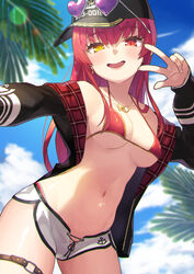  baseball_cap bikini bikini_top_only bikini_under_clothes black_hat black_jacket blue_sky blush breasts cleavage cloud collarbone day dolphin_shorts eyewear_on_headwear female hair_down halterneck hat heart heart-shaped_eyewear heterochromia highres hololive hood hooded_jacket houshou_marine houshou_marine_(summer) jacket jewelry large_breasts long_hair long_sleeves looking_at_viewer navel necklace no_shirt o-ring o-ring_thigh_strap official_alternate_costume open_clothes open_jacket open_mouth outdoors red_bikini red_eyes red_hair short_shorts shorts sky smile solo string_bikini sunglasses swimsuit thigh_strap tokumaro v virtual_youtuber white_shorts yellow_eyes 