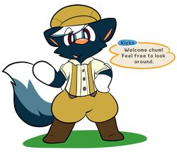  animal_crossing anthro dialogue english_text front_view header header_box joltink kicks_(animal_crossing) male mammal mephitid nintendo simple_background skunk solo speech_bubble text text_header white_background 