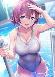  alternate_hairstyle arena_(company) bangs blue_eyes breasts brown_hair cleavage commentary_request competition_swimsuit cowboy_shot emma_verde female freckles highres kanabun large_breasts lens_flare long_hair looking_at_viewer love_live! love_live!_nijigasaki_high_school_idol_club one-piece_swimsuit pool_ladder solo swimsuit tied_hair water white_swimsuit 