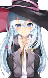  black_hat black_robe blue_eyes blue_hair blush closed_mouth commentary elaina_(majo_no_tabitabi) female hair_between_eyes hands_up hat highres hood hood_down hooded_robe light_blue_hair long_hair long_sleeves looking_at_viewer majo_no_tabitabi open_clothes open_robe robe shirt simple_background smile solo upper_body very_long_hair white_background white_hair white_shirt wide_sleeves witch witch_hat yamato_(muchuu_paradigm) 