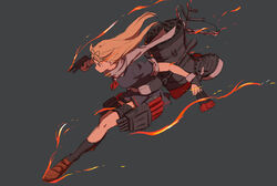  bad_id bad_twitter_id black_gloves black_skirt black_socks blonde_hair breasts brown_footwear commentary female fingerless_gloves fire from_side full_body gloves grey_background hair_flaps hair_ornament hair_ribbon hairclip highres holding holding_torpedo kantai_collection kneehighs long_hair mikiki neckerchief profile red_eyes red_neckerchief ribbon rigging sailor_collar scarf school_uniform serafuku short_sleeves simple_background skirt socks solo torpedo white_scarf yuudachi_(kancolle) yuudachi_kai_ni_(kancolle) 