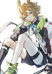  1boy animal_ears arknights bad_id bad_pixiv_id black_gloves black_shorts black_socks blonde_hair blue_eyes closed_mouth collared_shirt commentary_request feet_out_of_frame fingerless_gloves gloves green_footwear green_gloves hair_between_eyes hand_up head_tilt highres jacket kneehighs knees_up leonhardt_(arknights) long_sleeves looking_at_viewer male_focus nagute open_clothes open_jacket puffy_long_sleeves puffy_sleeves rabbit_boy rabbit_ears shirt shoes short_shorts shorts simple_background single_kneehigh single_sock sitting smile socks solo suspender_shorts suspenders thigh_strap white_background white_jacket white_shirt 