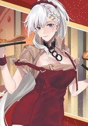  absurdres apron azur_lane beige_shirt belfast_(azur_lane) belfast_(piping-hot_perfection)_(azur_lane) blue_eyes braid breasts broken broken_chain chains cleavage earrings female food french_braid hair_ornament hair_scrunchie highres holding holding_food holding_pizza jewelry karen_ngao large_breasts long_hair looking_at_viewer low_neckline official_alternate_costume pepperoni pizza red_apron red_scrunchie scrunchie solo very_long_hair white_hair 