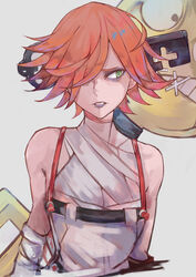  a.b.a bags_under_eyes bandages bare_shoulders female green_eyes guilty_gear guilty_gear_xx hair_over_one_eye highres key_in_head levvellevvel lips looking_to_the_side object_through_head paracelsus_(guilty_gear) red_hair short_hair simple_background solo_focus upper_body white_background 