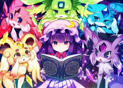  :3 blue_eyes blush_stickers book bow brown_eyes carbuncle_(p&amp;d) chestnut_mouth commentary creature crescent crescent_hat_ornament crossover female forehead_jewel glasses green_eyes hairbow hat hat_ornament highres holding holding_book long_hair mob_cap open_book patchouli_knowledge purple_eyes purple_hair puzzle_&amp;_dragons red_eyes shiashiashia3 touhou 