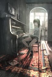  aphex_twin black_shorts broken broken_mirror brown_eyes brown_hair chair damaged expressionless female highres indoors instrument medium_hair mirror muted_color original piano record_jacket rug shadow shoes shorts socks solo table tank_top tokunaga_akimasa upright_piano window 