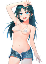  arm_up armpits bare_shoulders bikini blue_eyes breasts commentary_request covered_nipples denim denim_shorts female green_hair highres idolmaster idolmaster_cinderella_girls long_hair looking_at_viewer micro_bikini nanjo_hikaru navel open_fly open_mouth shirota_mizuki short_shorts shorts simple_background small_breasts solo swimsuit white_background white_bikini 