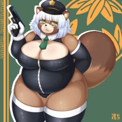  1:1 :&lt; abstract_background anthro armwear belly big_breasts biped black_armwear black_clothing black_legwear black_nose black_shirt black_topwear blush breasts brown_body brown_ears brown_fur brown_inner_ear candy canid canine cleavage clothed clothing colored countershade_fur countershade_legs countershade_torso countershading dessert digital_media_(artwork) dipstick_tail elbow_gloves eyewear facial_markings female female_anthro fingers fluffy fluffy_tail food front_view fully_clothed fur glasses glistening glistening_body glistening_breasts glistening_fur gloves green_eyes gun hair hand_behind_back handgun handwear hat head_markings headgear headwear hi_res holding_gun holding_handgun holding_object holding_pistol holding_ranged_weapon holding_weapon huge_breasts humanoid_hands inner_ear_fluff kemono legwear lollipop looking_at_viewer mammal markings monotone_hair multicolored_body multicolored_fur multicolored_tail muzzle_(marking) necktie object_in_mouth overweight overweight_anthro overweight_female pince-nez pistol police police_hat police_officer police_uniform portrait raccoon_dog ranged_weapon shaded shibaemonxsk shirt short_hair snout snout_markings solo standing tail tail_markings tan_body tan_countershading tan_fur tan_inner_ear_fluff tanuki thick_thighs thigh_highs three-quarter_portrait tight_clothing topwear trigger_discipline tuft two_tone_tail uniform weapon white_clothing white_gloves white_handwear wide_hips 